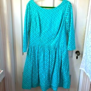 Lilly Pulitzer Lori Dress Shorely Blue XO Lace Print 3/4 Sleeve Dress 14